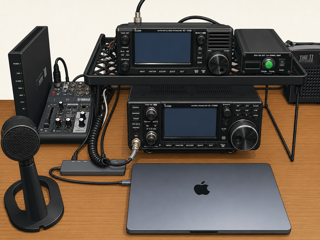IC-7300MとIC-705などの無線機を設置したJL1EKYのシャック